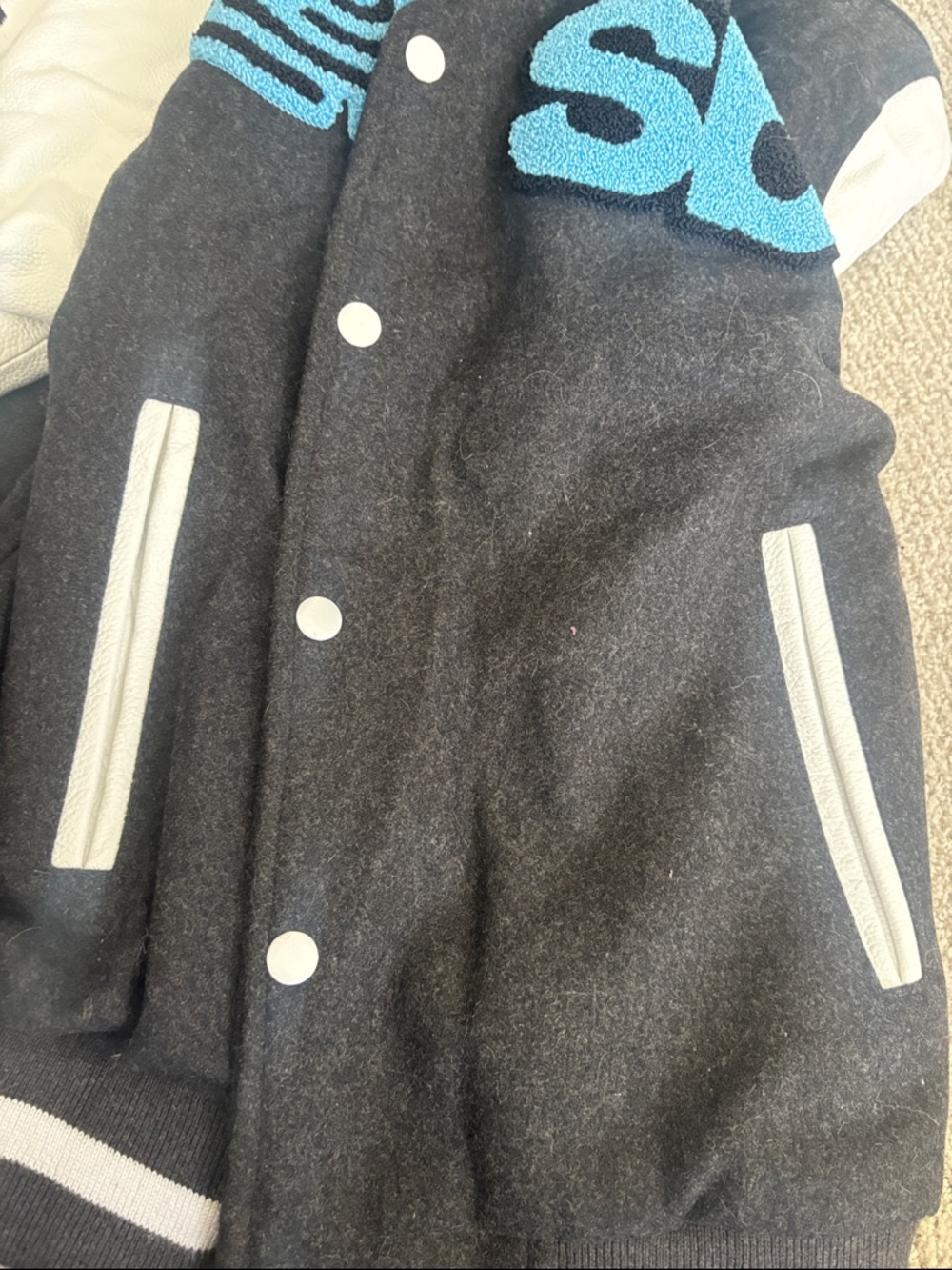 Black and White Varsity Jacket with Blue Appliqué - Picture 15 of 15